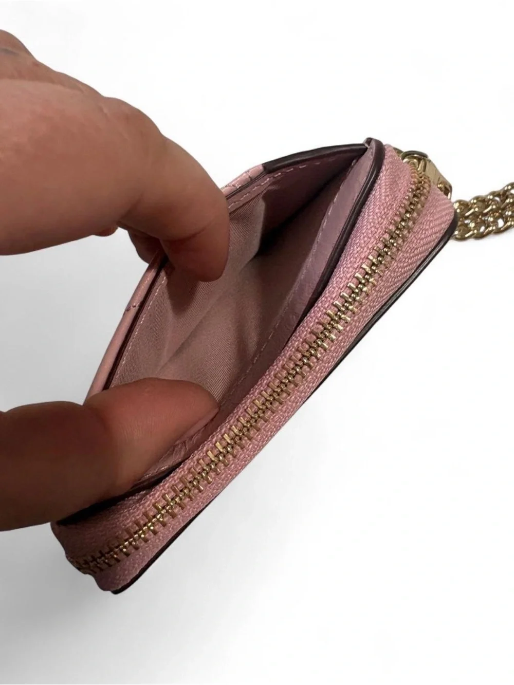 Coach Pink Quilted Leather Card Holder with Gold Chain Accent